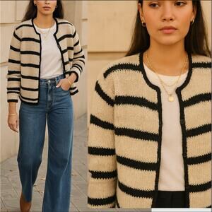 Sezane Vintage M Hand Knit Sweater Jacket SILK Cotton Stripe Neutrals Tan Black